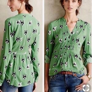 Maeve Anthropologie French bull dog blouse size 0 green